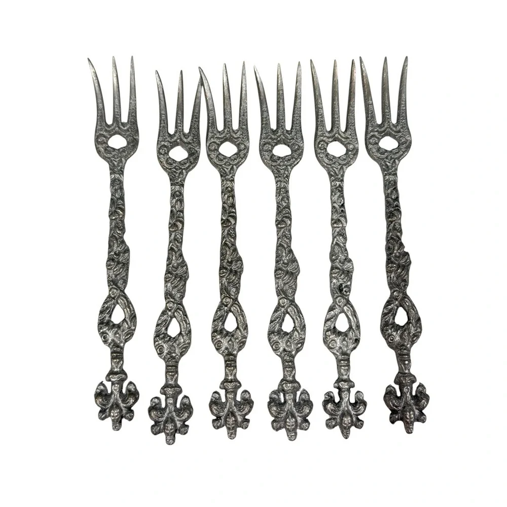 Vintage Italian Pewter Flatware‎ Set 12 Demitasse Ornate Baroque Gothic Italy